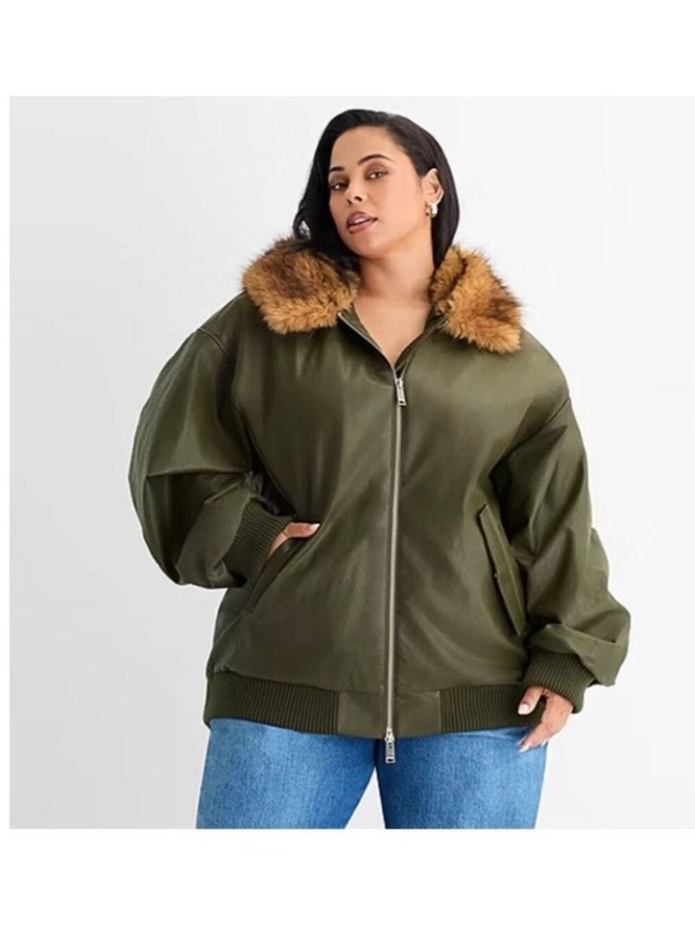 Ashley Graham 4X Olive Green Faux Leather Bomber Jacket W/ Brown Faux-Fur Hood - Picture 4 of 9